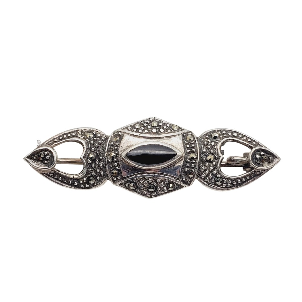 Sterling Silver Brooch Black Marcasite Bar Pin Art Deco Heart Vintage Openwork